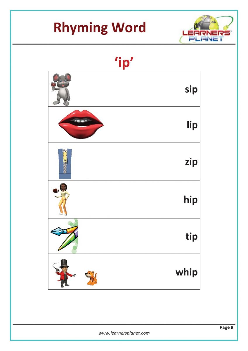 Connect rhyming pictures with words ending ip
